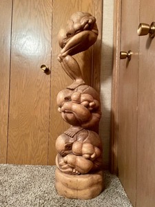 lot 64 image: HUGE Vintage Carved Teak Wood Weeping Buddha 3-Level Yogi Sculpture