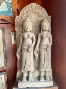lot 76 image: Large Early Thai Carved Limestone Stele of Two Female Attendants