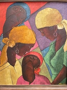 lot 77 image: Signed Mid Century Cubist Style Haitian Folk Art Painting of 4 Women