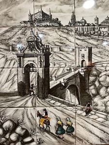 lot 82 image: Signed Vintage Hand Painted Art Pottery Tile Mural - Toledo 
