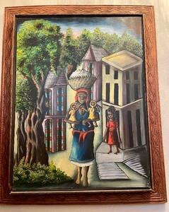 lot 90 image: Mid Century Oil on Board Haitian Folk Art Painting by Felix Jean (1929-1978)
