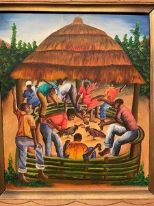 lot 92 image: Mid Century Oil on Board Haitian Folk Art Painting by Felix Jean (1929-1978)
