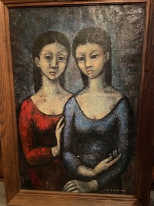 lot 91 image: Original Mid Century Oil on Canvas Painting by Spanish Artist M.J. Colom - Sisters