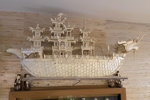 lot 80 image: Large Carved Chinese Bone Dragon Ship wImmortals