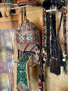 lot 23 image: Fantastic Old Central Asian Headdress wGarnet Encrusted Silver & Tassels 
