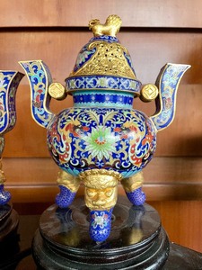 lot 10 image: Matching Pair of Chinese Cloisonne Enameled Brass Censers