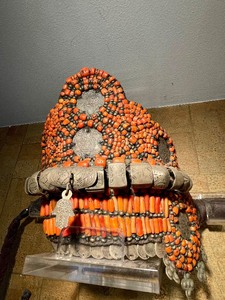 lot 21 image: Antique Moroccan Coral Silver Leather Diadem Head Piece