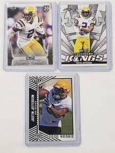 Lot of 3 Justin Jefferson Rookie Hit Premier Draft No. 2, Leaf Draft No. 40, Leaf Touchdown Kings No. 87