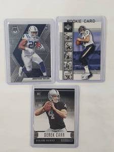 Lot of 3 Rookie Cards Derek Carr Panini No. 131, Jonathan Taylor Mosaic No. 216, Phillip Rivers Upper Deck No. 3