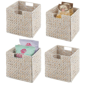 SET OF 4 - mDesign Natural Woven Hyacinth Cube Organizer Basket with Handles - White Wash