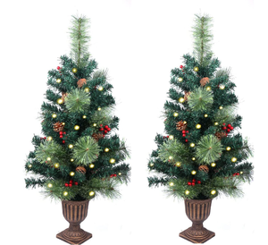 SET OF 2 - 3FT Artificial Christmas Entrance Tree with Ornaments and Lights
