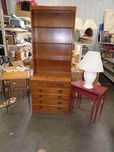 lot 62 image: Dresser with Shelf, Side Tables and Lamp