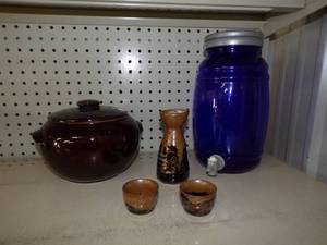 lot 135 image: Blue Glass Dispenser, Japanese Tea Cups and Brown Container