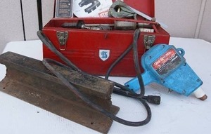 lot 15 image: Auto Body Pulling Clamp, Uni-Spotter 3540, Metal Tool Box, Anvil Etc.