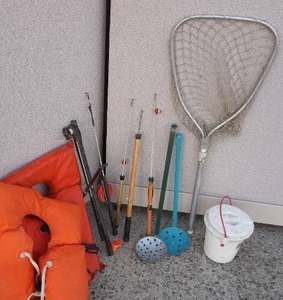 lot 27 image: Ice Fishing Bundle Including Bucket Fish-Net Life Vests Rods Tip-Ups Skimmer Etc...
