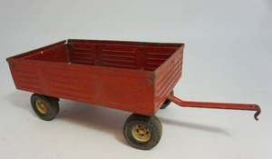 lot 56 image: This Old Toy...1970s IH Ertl Pressed Steel Red Chopping Box Farm Trailer Wagon Swinging Tailgate...