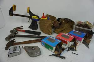 lot 98 image: Garage Shop Hand Tools Hammer Quik Clamp Tape Measure Wood Screws Work Belt Etc...