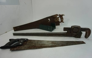 lot 99 image: Garage Shop Hand Tools Vintage Trimo 36in. Pipe Wrench, Hand Saws with Guide...