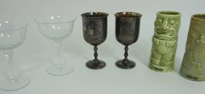 lot 72 image: Collectible Stemware (2)Crystal (2)Silver and (2)Aloha SANTA CRUZ Chiki Tiki Mugs Exotica Boho Cup Barware Ceramic...