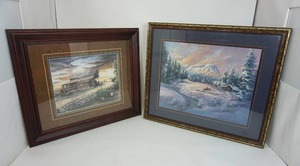 lot 85 image: Vintage Wall Art By Lee K. Parkinson Beautiful Winter Log Cabin Scene, John Deere Barn Print...