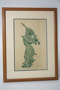 lot 133 image: Wall Art Rare Vintage Green Thai Temple Rubbing PI Double Reed Woman Flute Buddhist Thailand Classical Musician Musical Nymph, Aspara, 1960s
