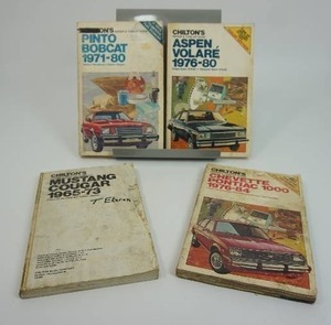 lot 115 image: Ephemera Garage Automobile Service Station Collectible Chiltons Auto Repair Manual for Pinto Bobcat 1971-1980, Aspen Volare 1976-1980, Mustang Cougar 1965-1973, Chevette Pontiac 1000 1976-1984 Softcover Book..