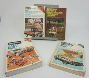 lot 116 image: Ephemera Garage Automobile Service Station Collectible Chiltons Auto Repair Manual for Datsun 1973-1980, Mazda 1978-1989, JEEP Commando Wagoneer Cherokee Truck 1957-1986, Second Edition Small Engine Repair and Tune-Up Guide Hard Soft Cover Book..