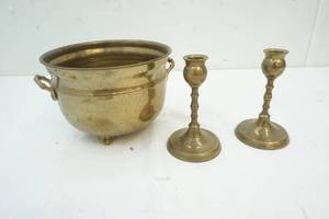 lot 24 image: brass pot and candle holders