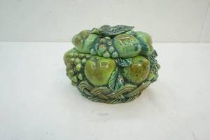 lot 115 image: Mid Century Avocado Green Majolica Potter Figural Fruit Bowl