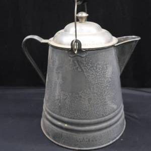 GRAY ENAMEL LARGE COFFEE POT  VINTAGE ICE TONGS