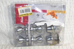 lot 113 image: Kwikset Tylo Satin Chrome Exterior Entry Door Knob and Single Cylinder Deadbolt Project Pack