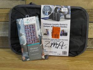 lot 55 image: Collapsible Laundry Bin & Shower Curtain