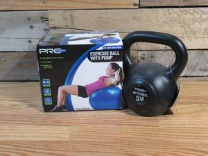 lot 59 image: Pro Strength 24-inch Exercise Ball with Pump & 5 lb Kettlebell