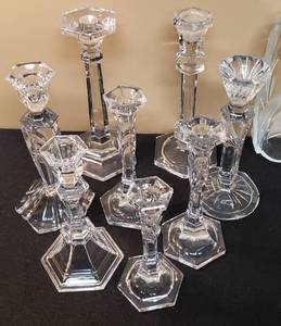 lot 90 image: Assorted Variety of Clear Glass Candlesticks and a Lovely Serving Bowl