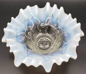 lot 205 image: Vintage Glass White Opalescence Crimped Edge 9 Bowl
