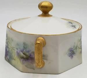 lot 237 image: Vintage Limoges France Vegetable Serving Dish-wPurple Flowers & Gold Handles - Signed by L.W. Stocomb