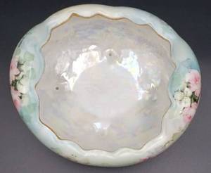 lot 266 image: Vintage M Z (Moritz Zdekauer) Austria-Scalloped, Gold Footed Serving Bowl with Pretty Pink Flowers-Signed