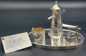lot 252 image: Antique Silver Plated Novelty Cruet Set wEngraved Windmill Style Pepper Pot