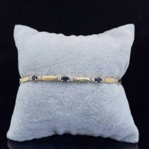Diamond & Blue Sapphire Three-Stone Shiny Bar Link Bracelet in 14k Yellow Gold