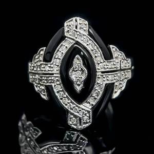 Diamond Cluster & Onyx Inlay Oval Ornate Shield Vintage Inspired Ring in 14k White Gold $2,640 Retail