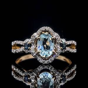 Oval Aquamarine, Diamond, and Blue Sapphire Split Ring in 14k Yellow Gold $1,950 Retail VIDEO