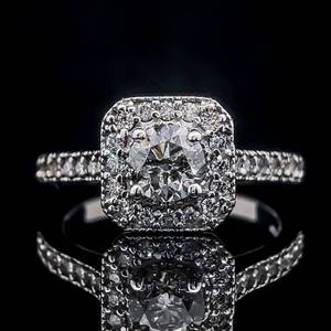 1 Carat Round Brilliant Diamond & Square Halo Pave Cluster Engagement Ring in 14k White Gold $3,575 Retail VIDEO
