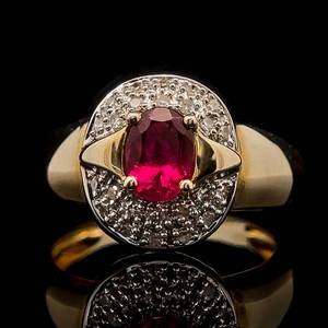 Red Gem & Natural Diamond Oval Pave Retro-Mod Ring in 14k Yellow Gold $1,999 Retail