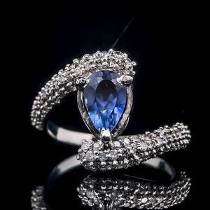 Gorgeous Pear Blue Gemstone Solitaire & Diamond Pave Coiled Bypass Ring $1,500 Retail