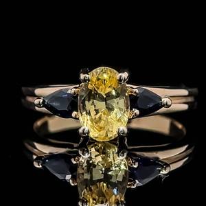 Vibrant & Precious Gemstones Yellow & Blue Sapphire Three-Stone Ring in 14k Yellow Gold