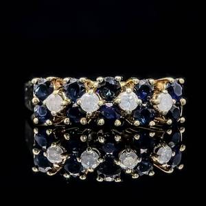 Blue Sapphire & Diamond Checkerboard Cluster Ring in 14k Yellow Gold