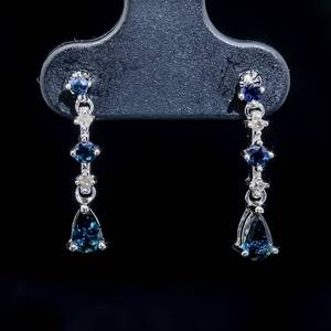 Pear Blue Sapphire & Diamond Linear Fringe Dangle Earrings in 14k White Gold $1,950 Retail