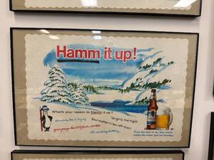 Pair of Hamms beer Framed Placemats - Explore Hamms born in the land of sky blue waters- winter scene, Hamm it up