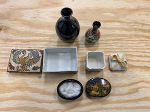 Nippon Porcelain Box, Italian Porcelain Bow Box, Two small pottery vases, Oval painted Box