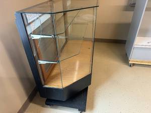GlassWood Display Case on Cart, locking wheels.